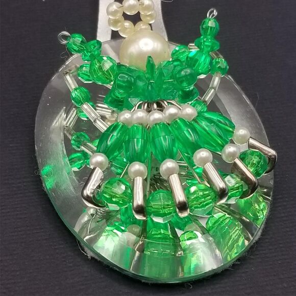 Vintage Beaded Angel Ornament Mirror 3" Bright Green Handmade Safety Pins - Picture 3 of 4